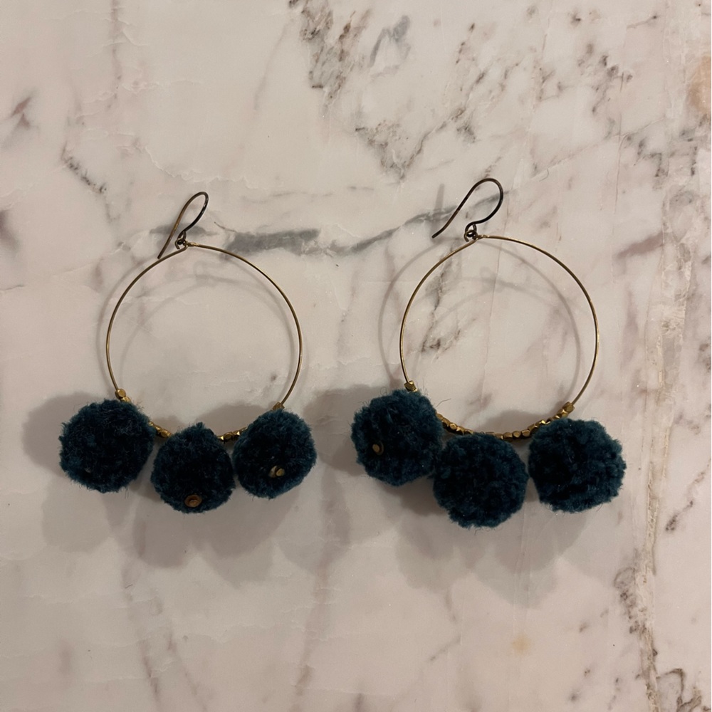 Chan Luu gold hoop earrings with blue poofs